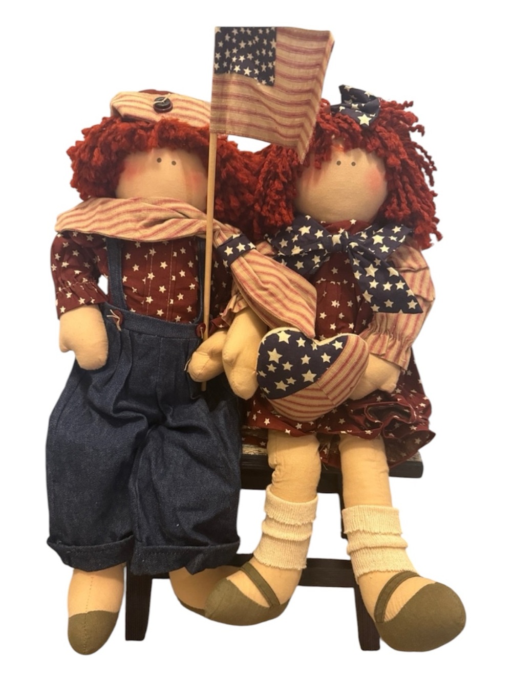 Patriotic Rag Doll Pair with Flag Stool
